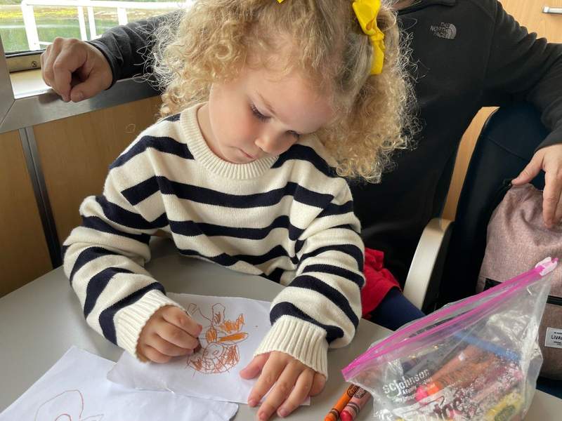Girl draws with crayons and paper at a table.