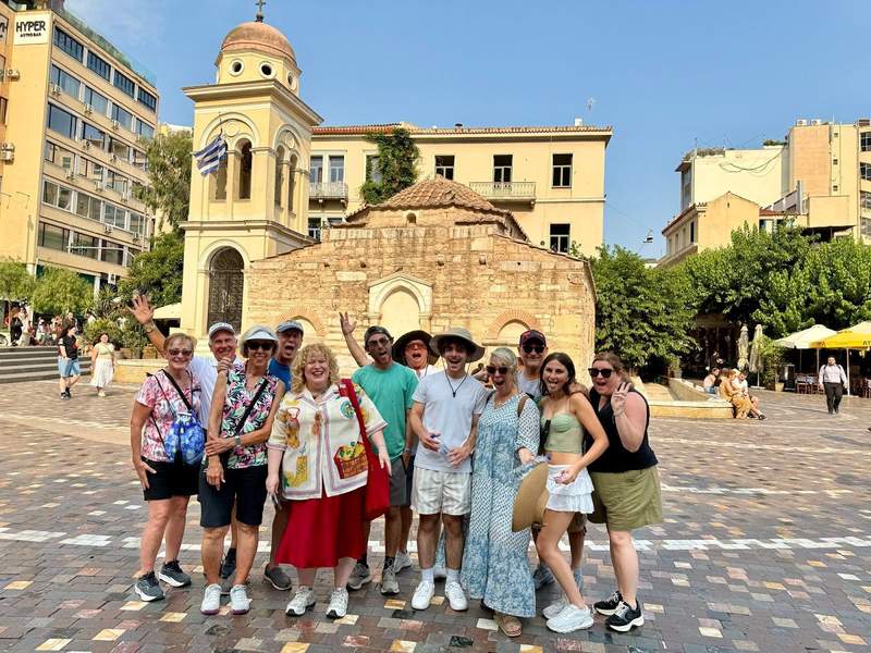 Group posed in a courtyard in Athens, Greece.