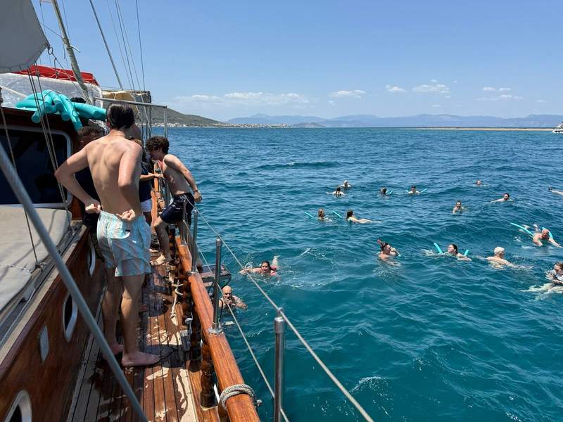 Side of a large boat with people diving and swimming in the water next to it.