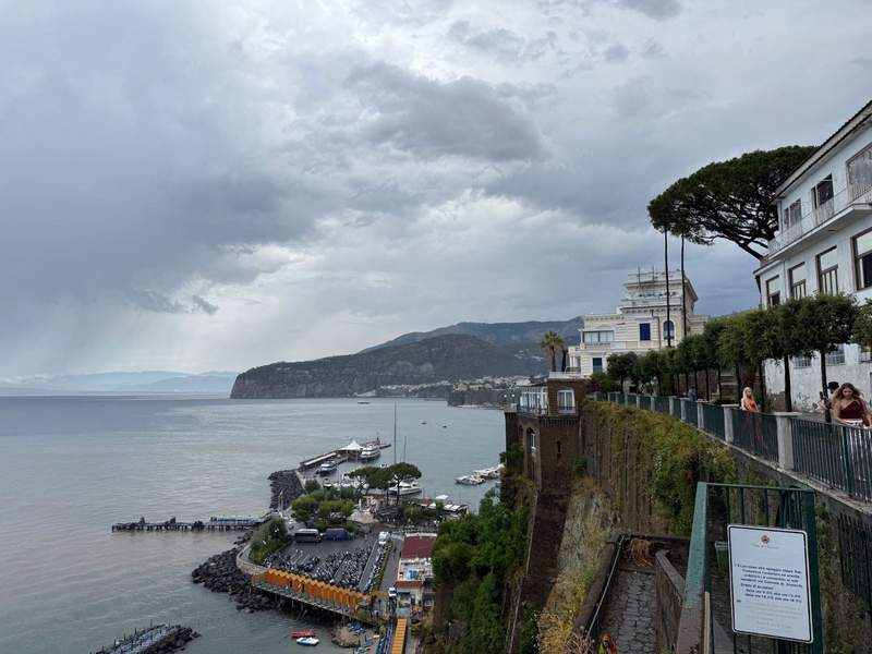 Looking down the steep slopes of the Amalfi Coast on a rainy morning