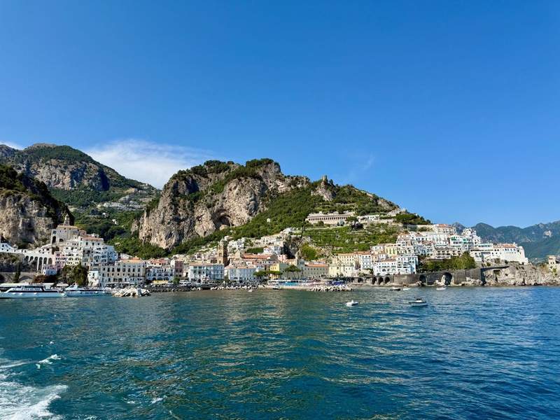 Looking back at the coastal town from the boat