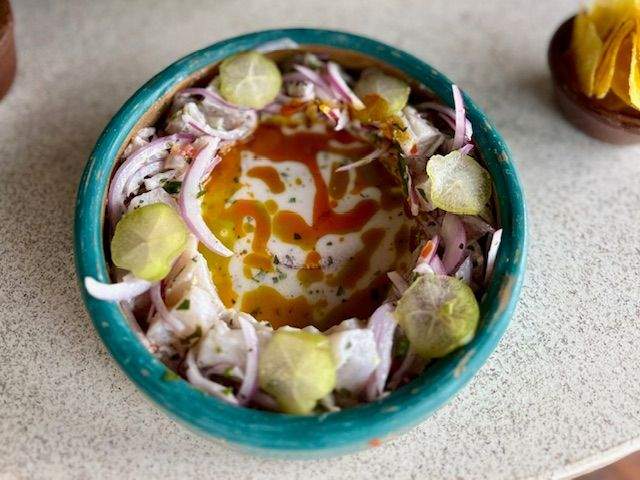 colorful blue plate with ceviche garnished with green fruit slices and red onion
