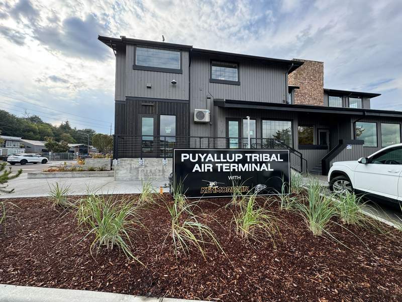 Building with Puyallup Tribal Air Terminal sign out front.