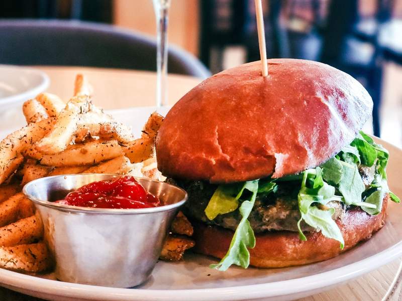 Hamburger and fries on a plate