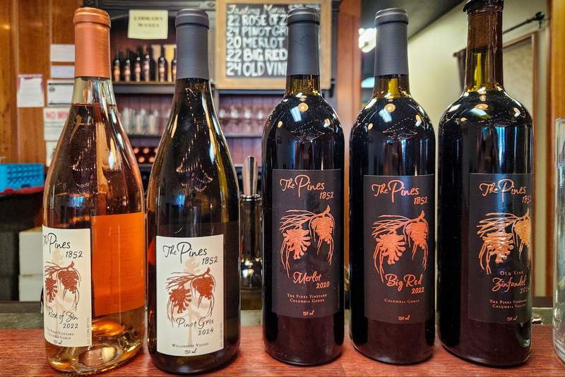 Five bottles of wine standing in a row