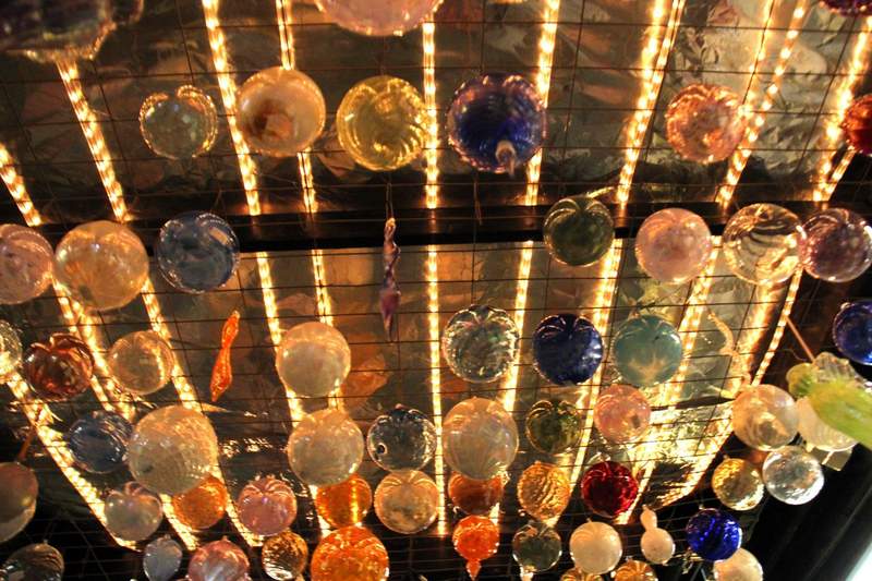 Colorful glass orbs on display at the Crystal Forge glass studio in Omaha, Nebraska.