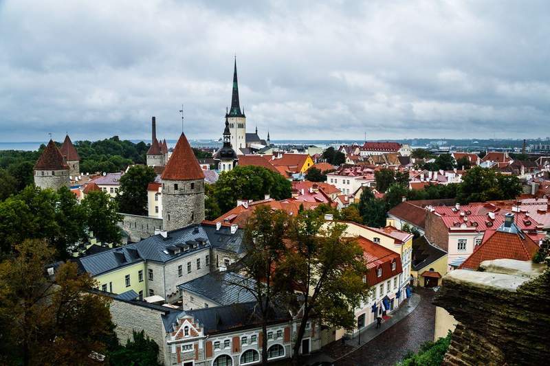 A birdseye view of medieval buildings in the old town of Tallin from the hill top castle.