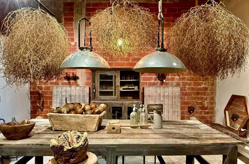 Kitchen with red brick wall and rustic wooden table. Hanging over the table are pendant lamps and clumps of vines. The table holds cruets on slab with cheese and bowl with onions.