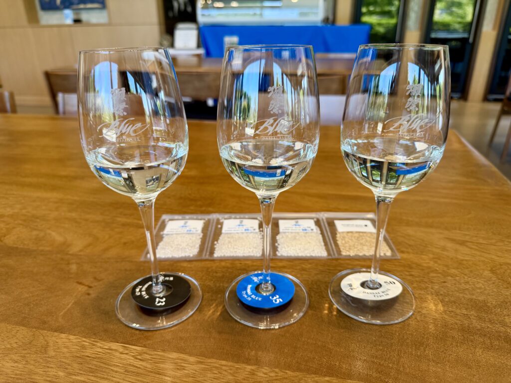 Three glasses of sake at Dassai Blue brewery in Hyde Park, NY