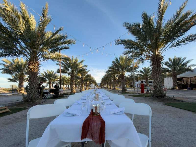 Long white clothed dining table set beneath palm trees and market lights at Naked Dates in Wellton.