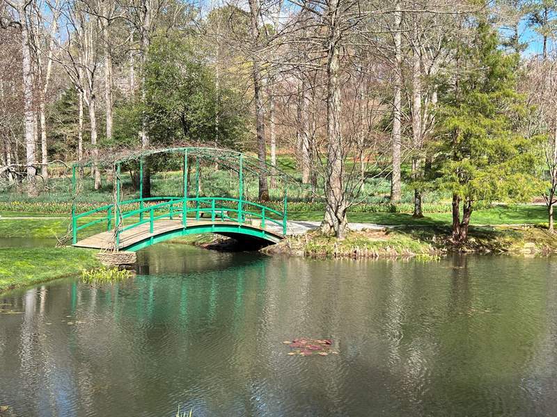 Bridge over a pond in Gibbs Gardens.