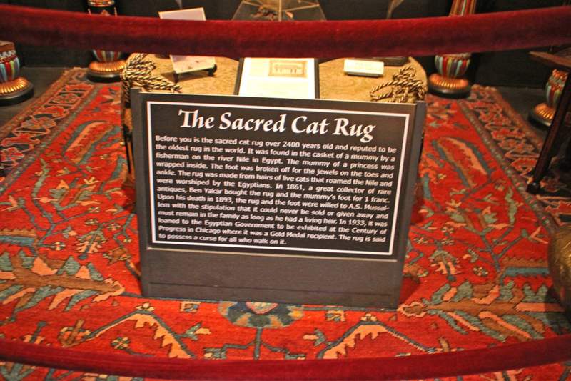 The ancient 2,400-year-old Sacred Cat Rug made of Egyptian cat hair on display at the Villa Zorayda Museum.