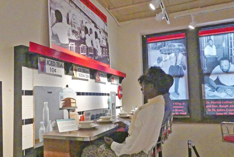 A historical recreation of the Woolworth lunch counter sit-in exhibit at the Lincolnville Museum and Cultural Center.