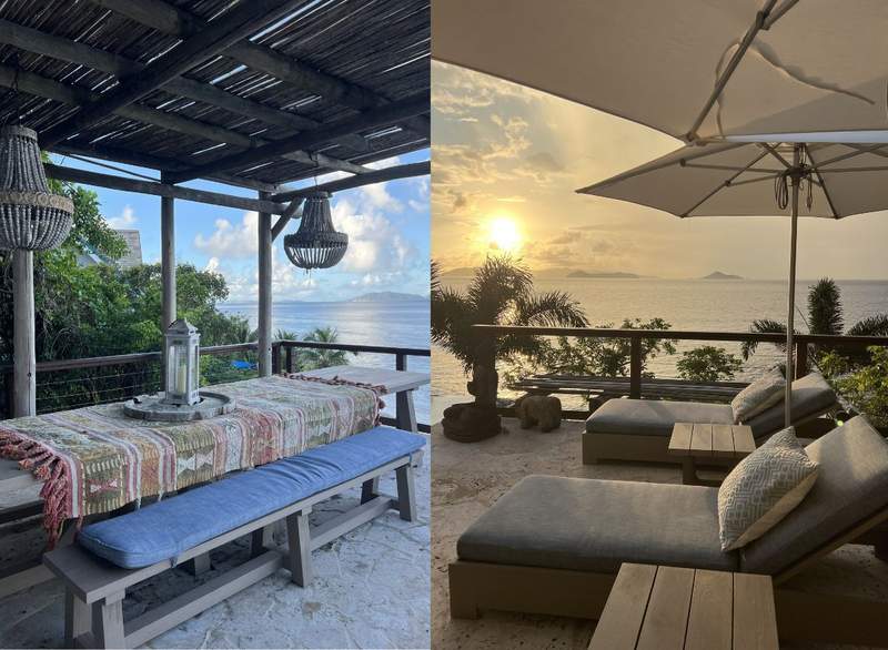 Vida La Villa has luxurious furnishings and an outdoor patio setup overlooking the ocean
