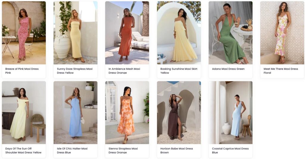 11 tiled photos of women in long dresses of various colors and styles.