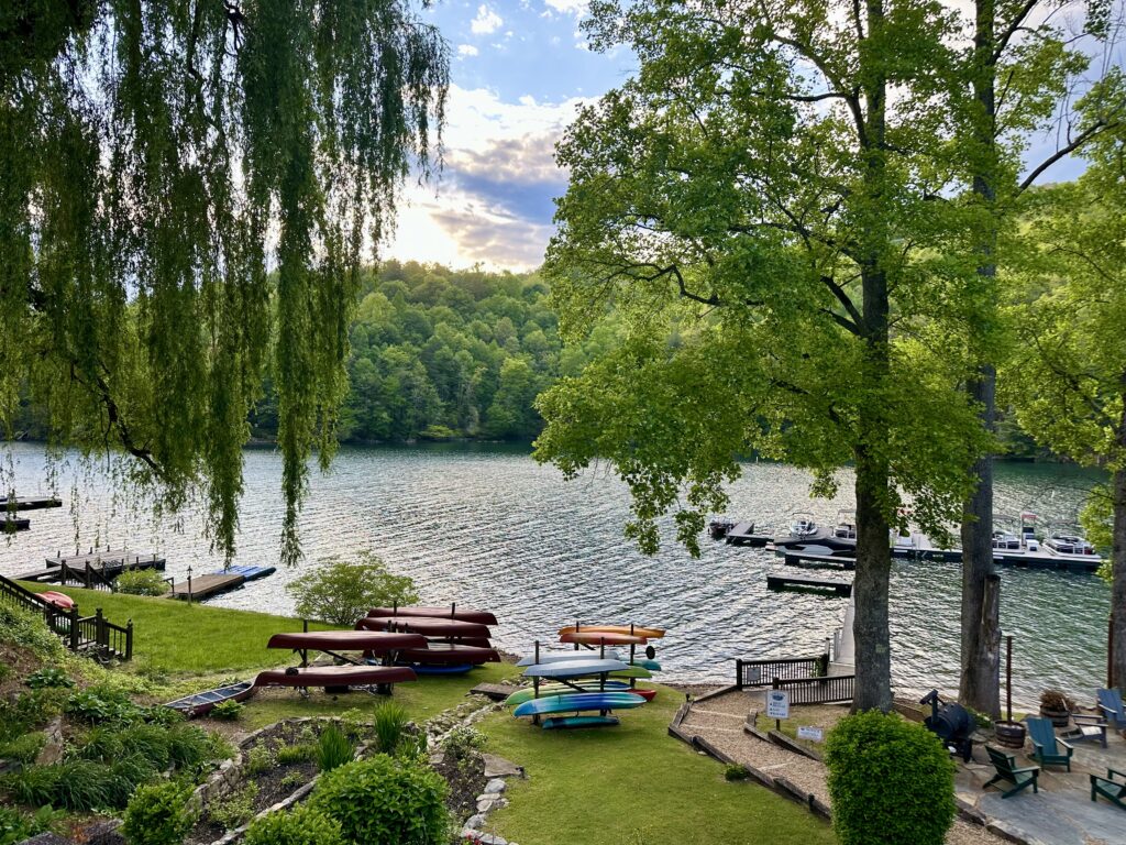 Lake Nantahala marina with kayak racks in Western North Carolina