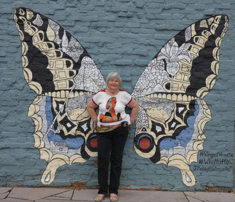 The Wings of Hope mural in downtown Maryville, an interactive, butterfly-themed mural painted by artist Kelsey Montague in a dedicated