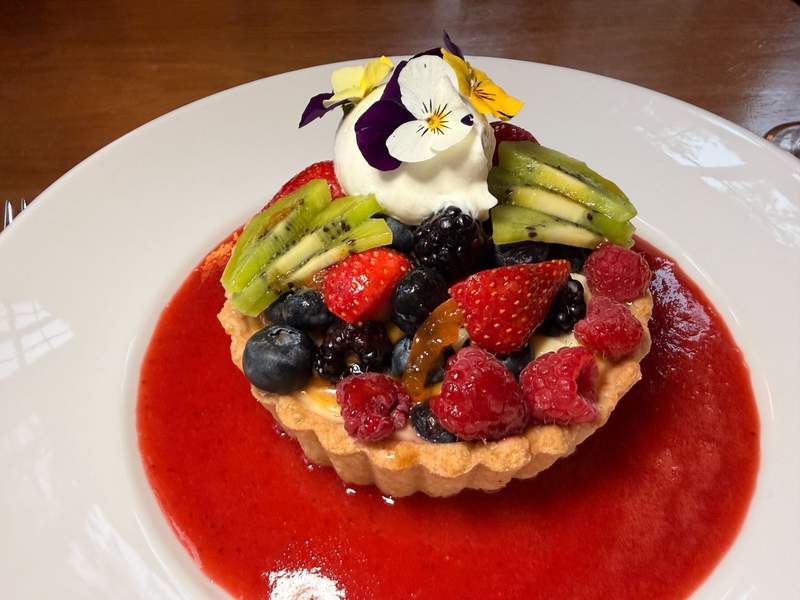 Large white plate filled with a strawberry sauce with a vibrant fruit tart filled with kiwi, strawberries, blueberries and blackberries.