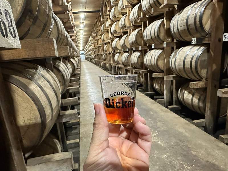 A hand holding a shot glass.