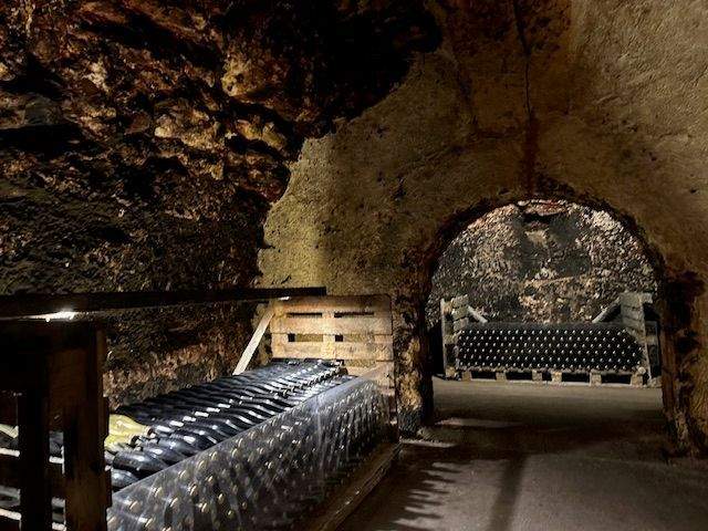 Wine bottles are stored in caves at Bodegas Jesus Diaz & Sons winery.