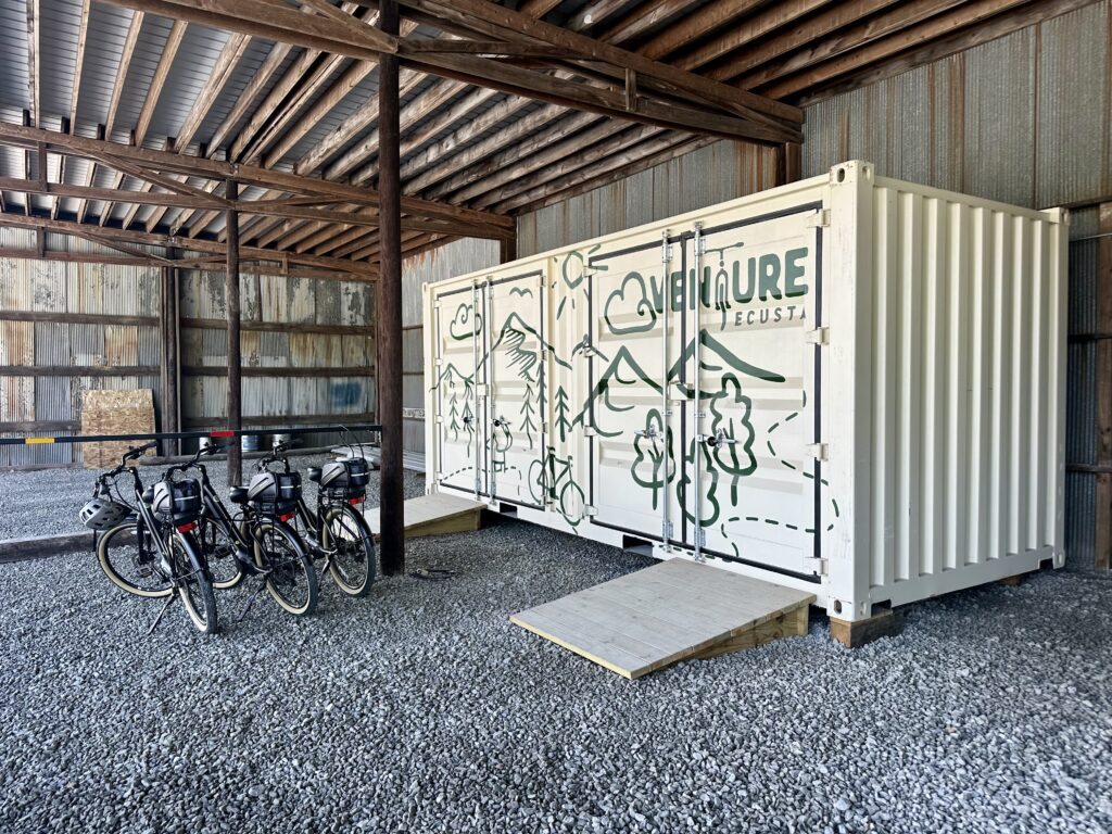 Storage trailer and rental bikes at Venture Ecusta on the Ecusta Trail in Hendersonville, NC