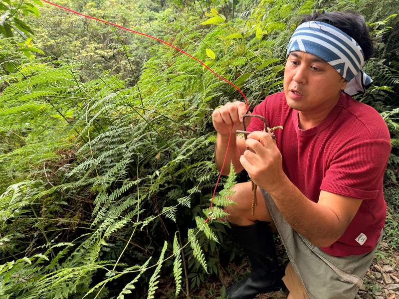 An Indigenous man in a red shirt and traditional clothes sets a trap to catch partridges.