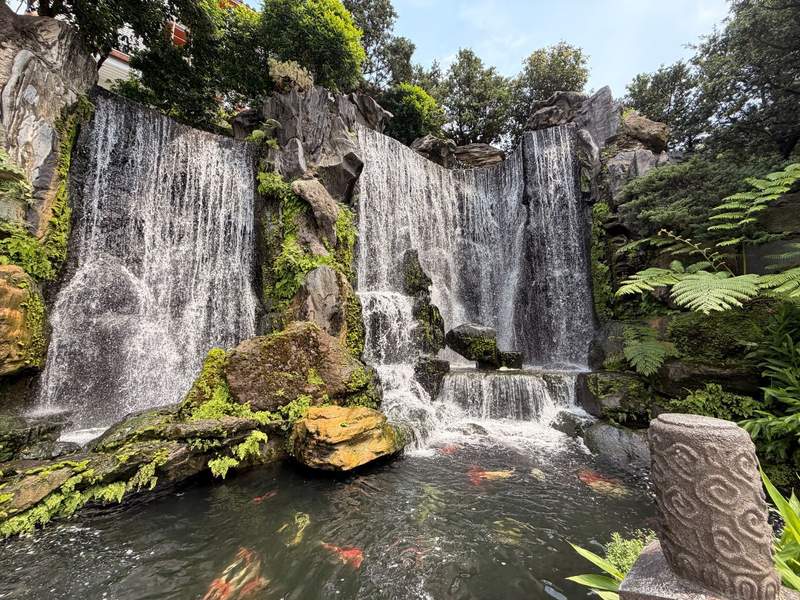 Beautiful waterfall at a temple surrounded by lush foliage and orange and white koi in the pond.