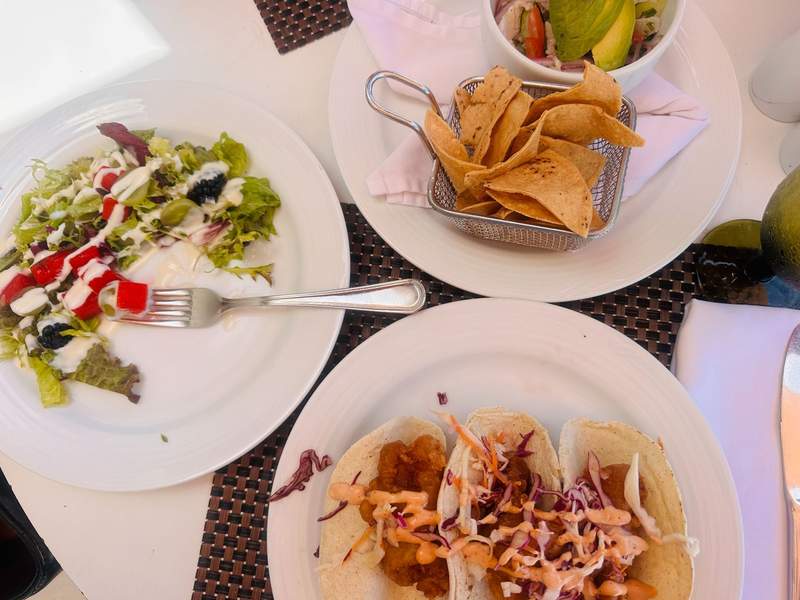 Tacos, salad and beachside lunch at St. Trop restaurant inside Sandos Cancun