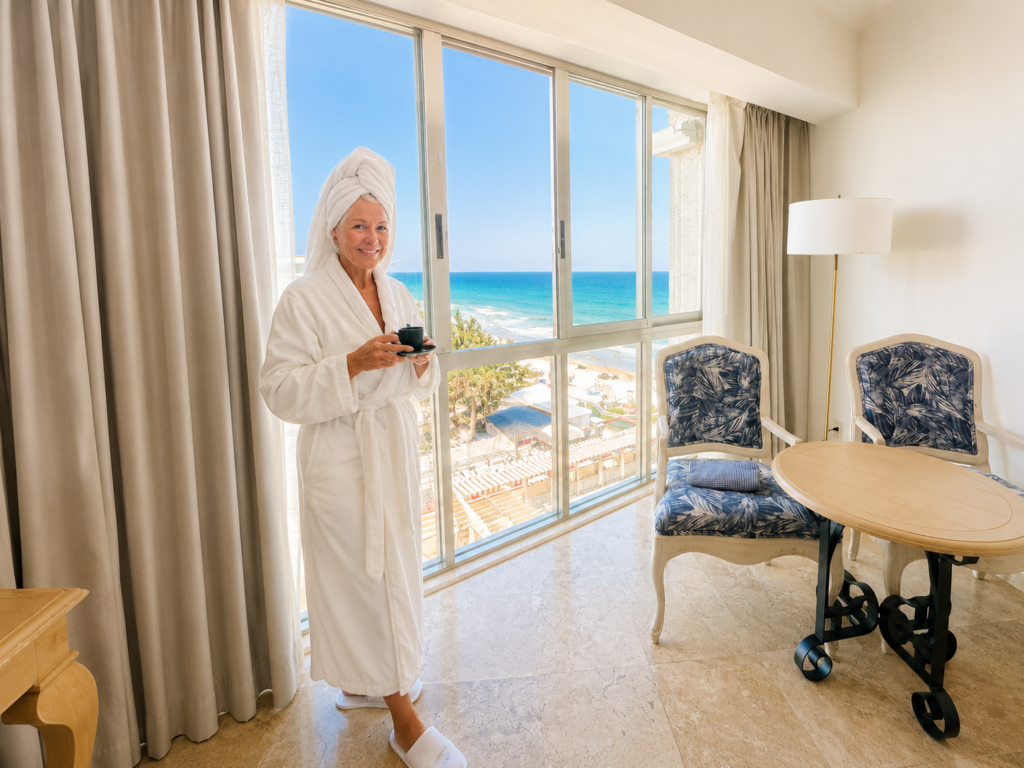 Woman in a bathrobe enjoying coffee with ocean views inside an oceanfront room at Sandos Cancun, a Cancun all inclusive adults only resort