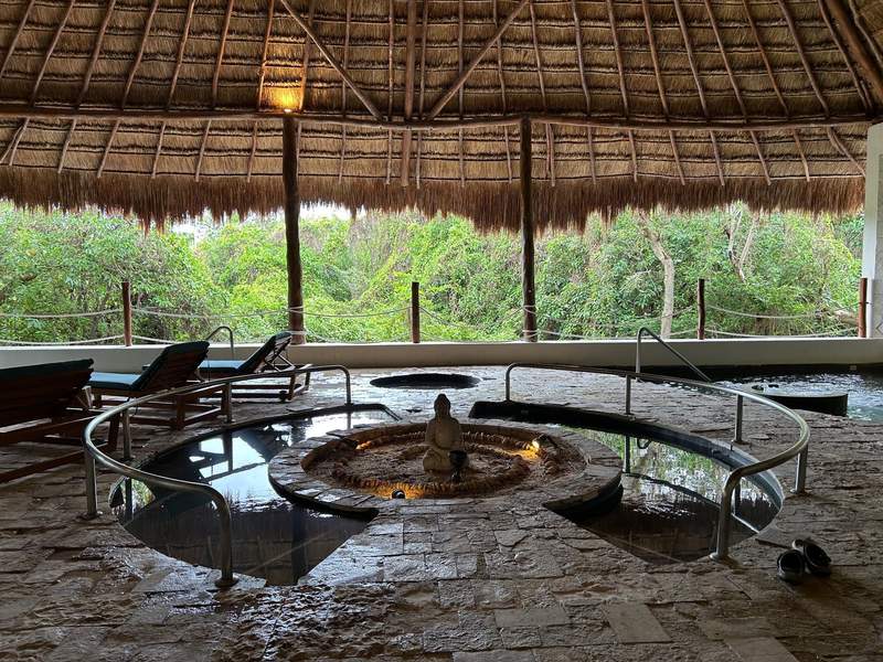 Circular hot and cold plunge pools at the Zen Spa under a thatched roof in a green jungle-like area on the property.