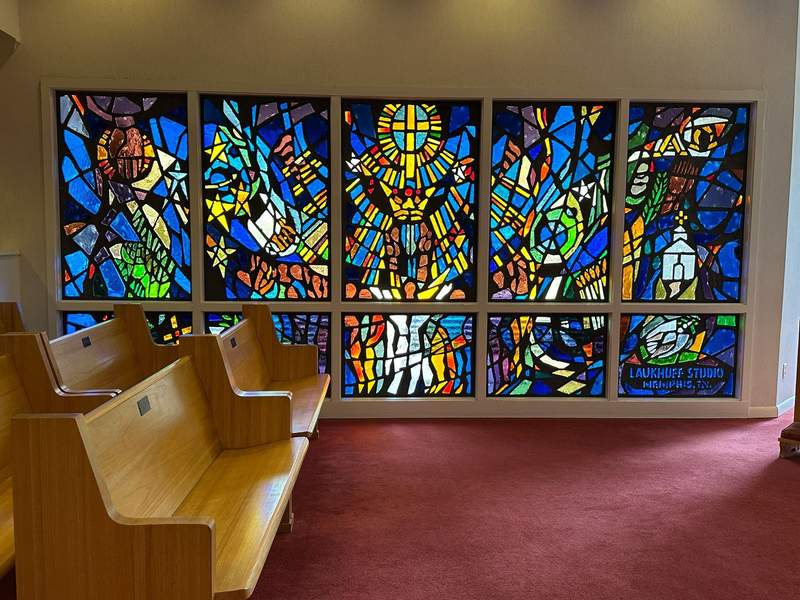 Stained glass window inside the Elvis Presley Memorial Chapel.