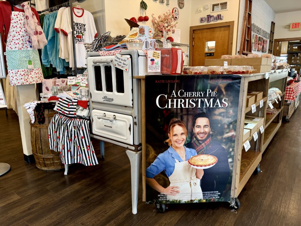 Interior of Lautenbach's farm market with movie poster for "A Cherry Pie Christmas"