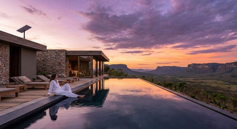 An infinity pool reflecting a golden sunset over a vast green valley in Chapada dos Veadeiros, with luxury lounge chairs on a wooden deck.