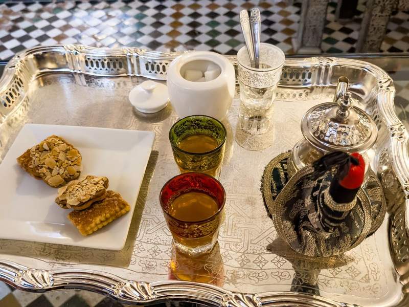 A tray with food and drinks on it