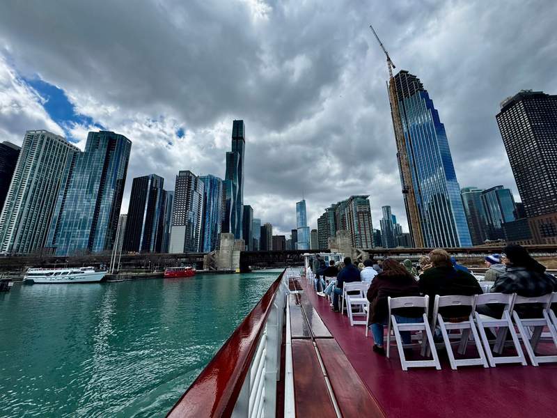Chicago skyline viewed from the upper deck of Shoreline Sightseeing Architecture River Tour.