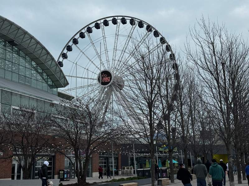 View of the iconic Ferris wheel at Navy Pier, rising above the waterfront with Lake Michigan.