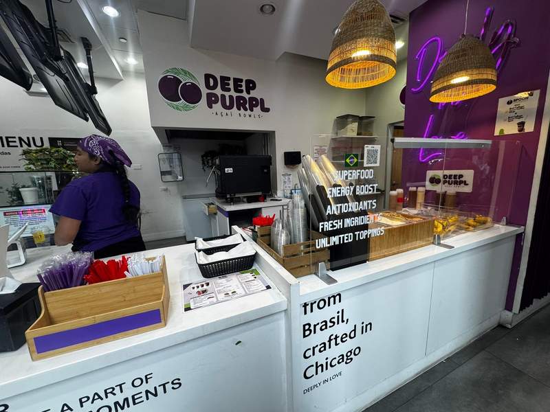 Interior of Deep Purpl Acai Bowls near our hotel in downtown Chicago, showing the bright and casual café space that quickly became one of our go-to stops during the trip.