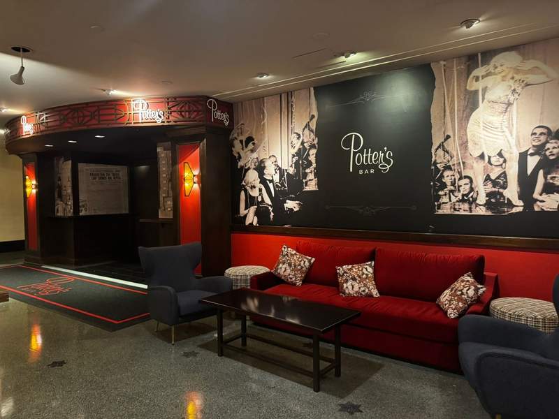Exterior view of Potter’s, the speakeasy-style bar at the Palmer House Hilton, featuring a discreet, classic entrance that hints at its intimate, hidden cocktail lounge atmosphere in downtown Chicago.