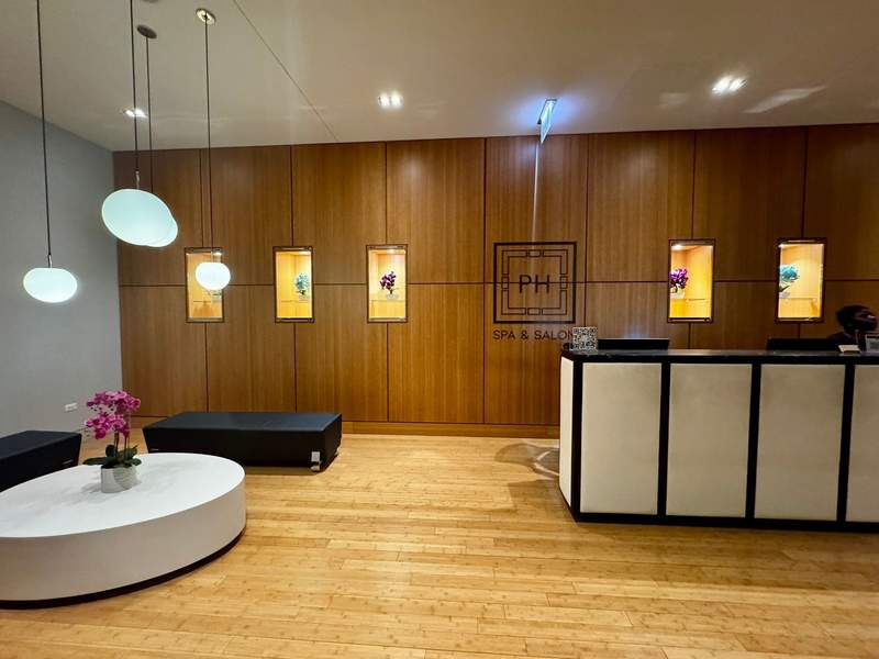 Entrance to the spa at the Palmer House Hilton, featuring a calm, inviting entryway that sets a relaxing tone for wellness and treatments.