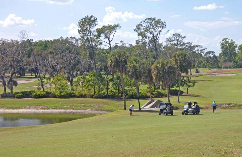 A group of golfers with two golf carts playing near a small lake.
