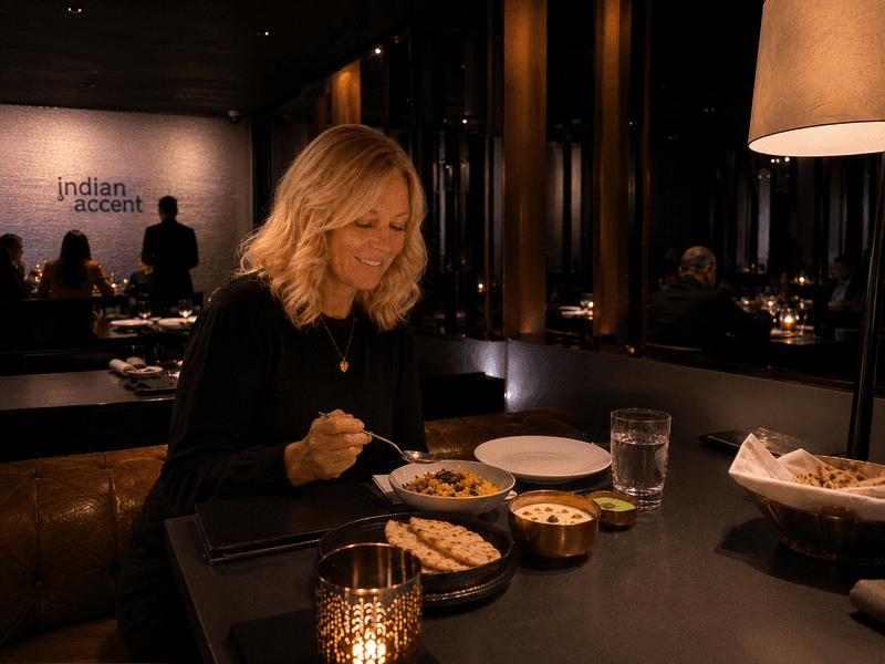 Woman dining at Indian Accent restaurant in New Delhi, India, seated at a table with Indian dishes