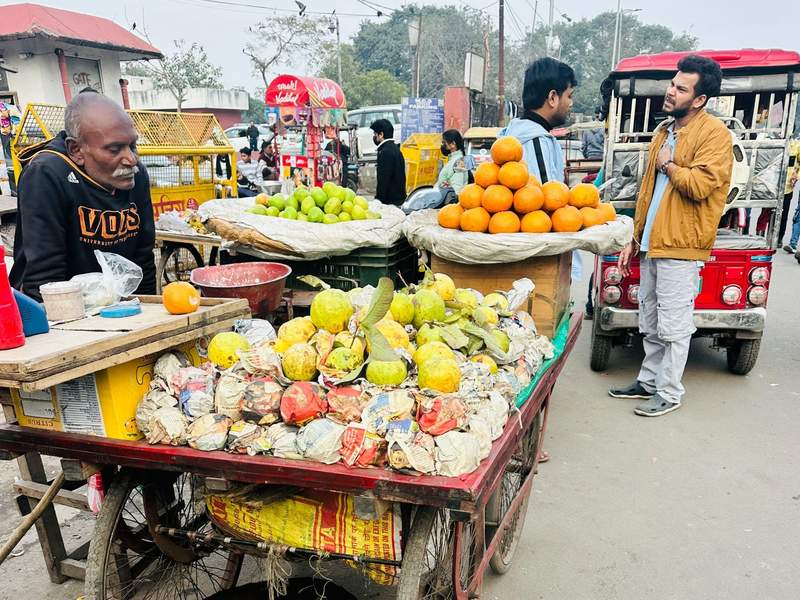 Street fruit vendor in Delhi, India, selling oranges, guavas, and other produce beside busy traffic and rickshaws.