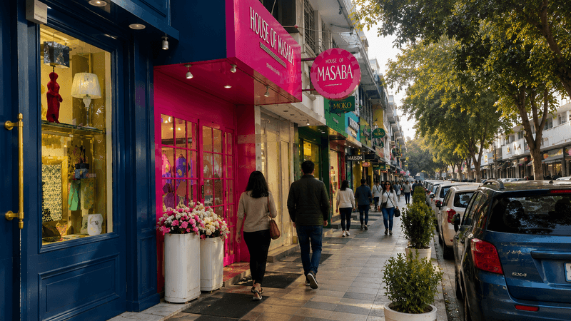 Colorful boutique storefronts and shoppers walking along a stylish tree-lined shopping street in New Delhi, India.