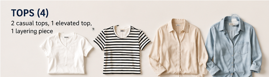 AI-generated image of a white t-shirt, striped t-shirt and two long-sleeved button-down shirts for packing a capsule wardrobe