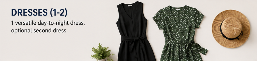 AI-generated image of two dresses and a hat to pack for a capsule wardrobe