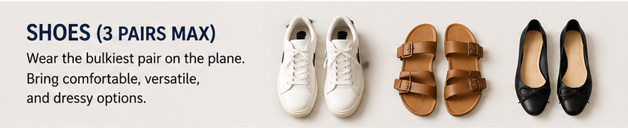 AI-generated image of 3 pairs of shoes to pack in a capsule wardrobe, a pair of sneakers, pair of sandals and pair of dressy black flats.