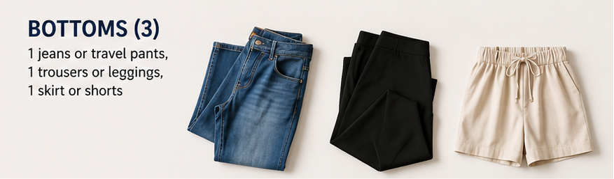AI-generated image of a pair of jeans, black pants and shorts as part of packing a capsule wardrobe