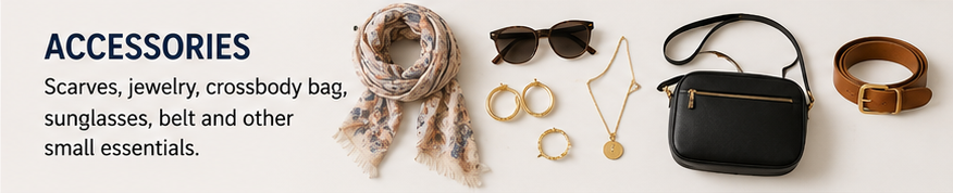 AI-generated image of accessories to pack in a capsule wardrobe, including scarf, sunglasses, jewelry, cross body bag and belt