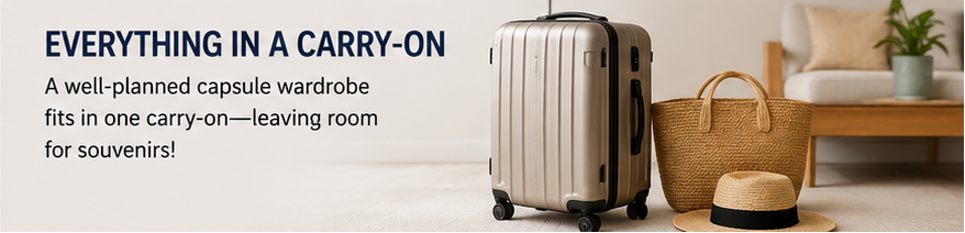 AI-generated image of a carry-on suitcase, tote and hat