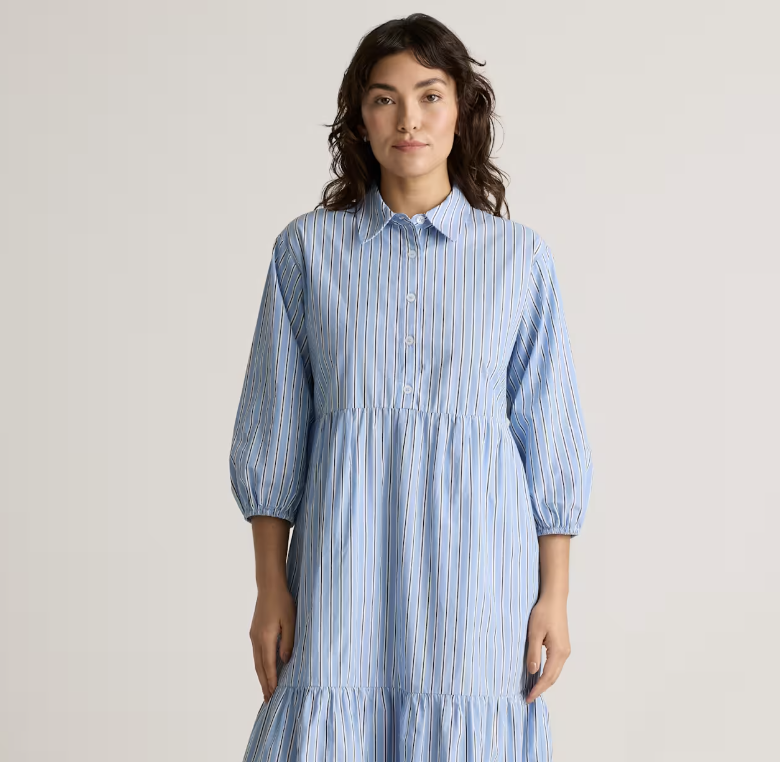 Blue and white ticking stripe shirt dress from Quince